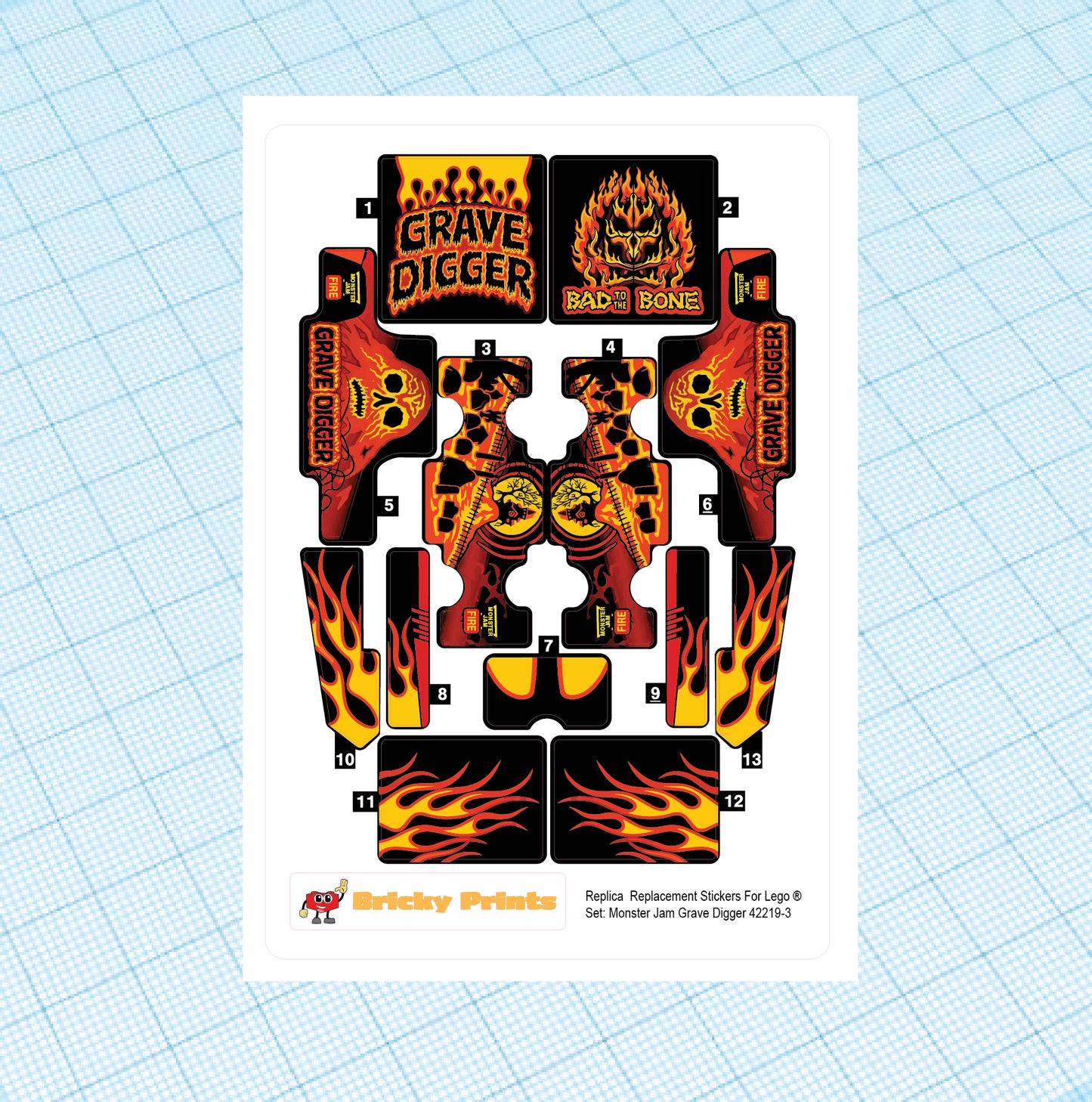 Replica Replacement sticker Set: Technic Model Race Monster Jam Grave Digger FIRE 42219-3