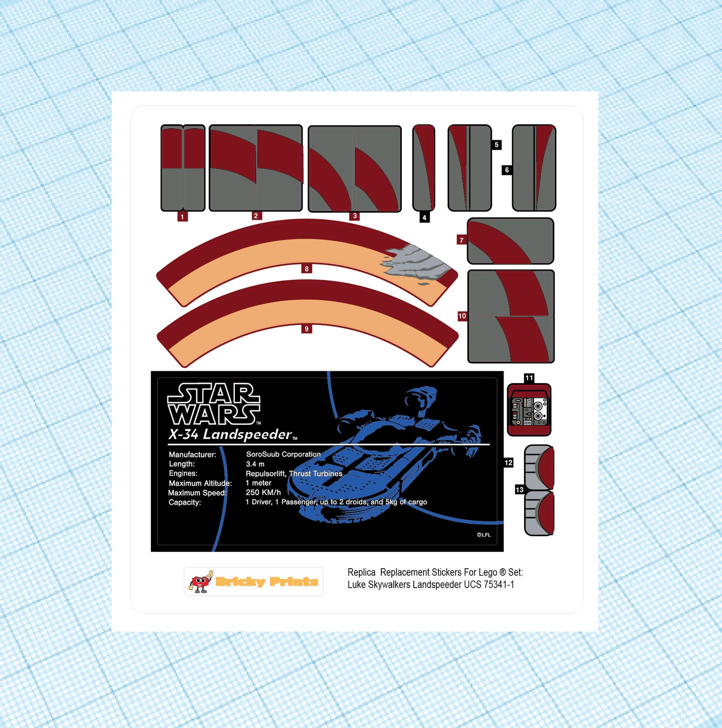 Replica Replacement sticker Set: Luke Skywalker's Landspeeder UCS 75341