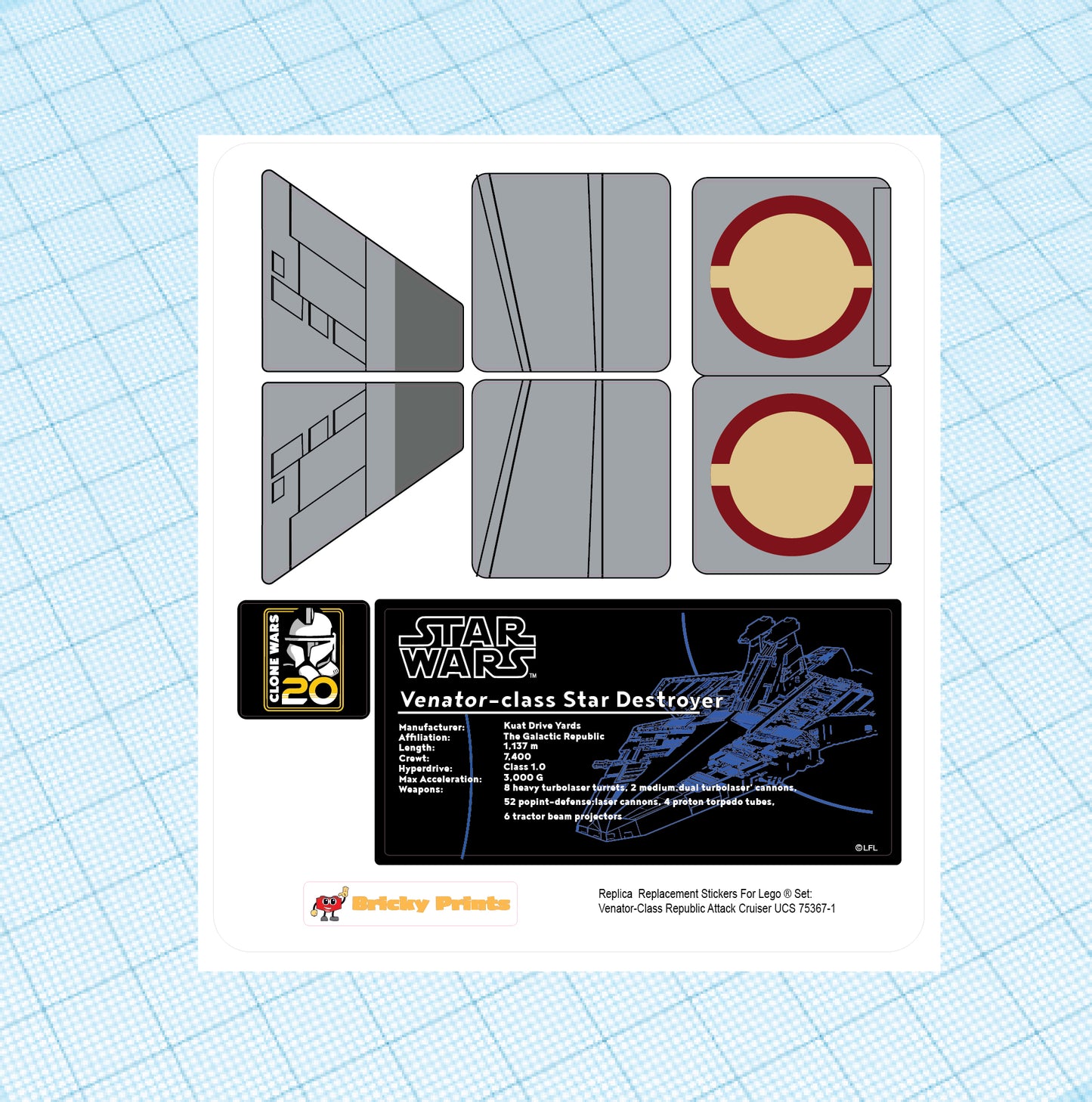 Replica Replacement sticker Set: UCS Venator-Class Republic Attack Cruiser 75367