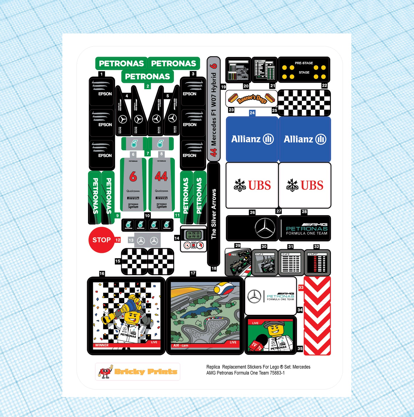 Replica Replacement sticker set: Speed Champions Merc AMG Pet F1 Team 75883