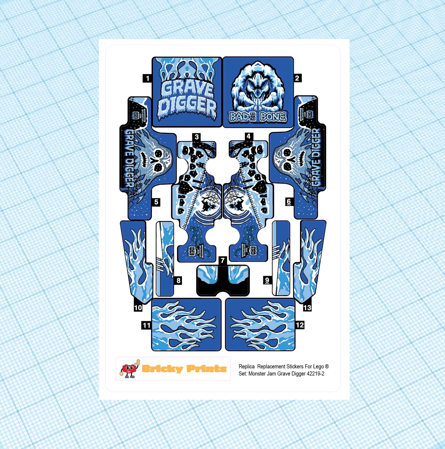 Replica Replacement sticker Set: Technic Model Race Monster Jam Grave Digger ICE 42219-2