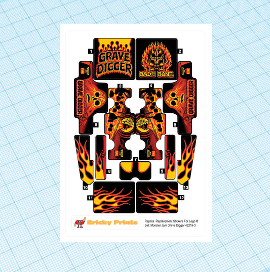 Replica Replacement sticker Set: Technic Model Race Monster Jam Grave Digger FIRE 42219-3