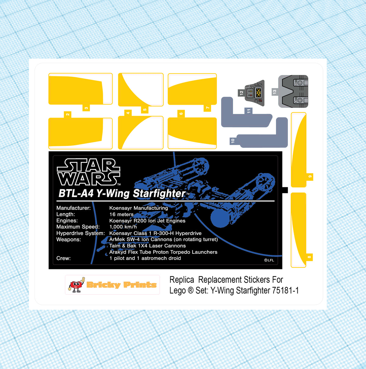 Replica Replacement sticker Set: UCS Y-Wing Starfighter 75181-1