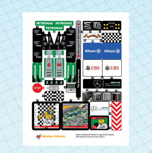 Replica Replacement sticker set: Speed Champions Merc AMG Pet F1 Team 75883